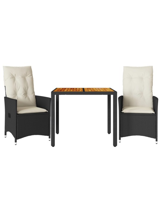 3dílný bistro set s poduškami černý polyratan a akácie