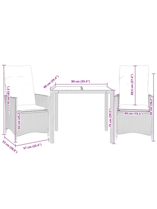 3dílný bistro set s poduškami černý polyratan a akácie
