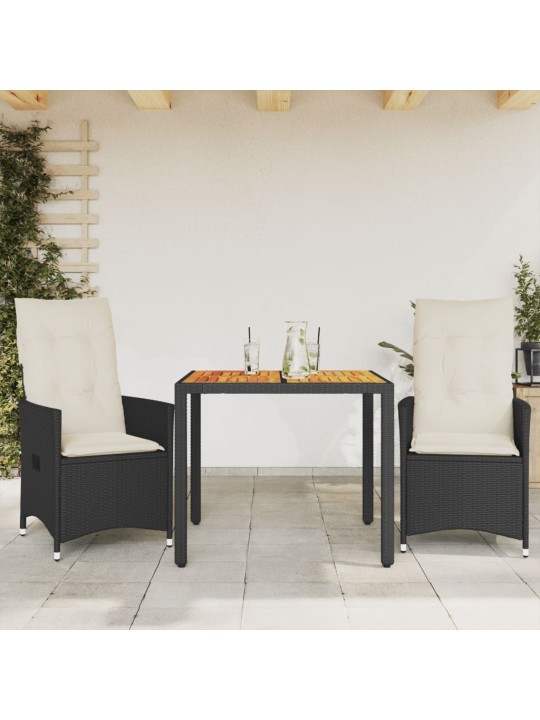 3dílný bistro set s poduškami černý polyratan a akácie