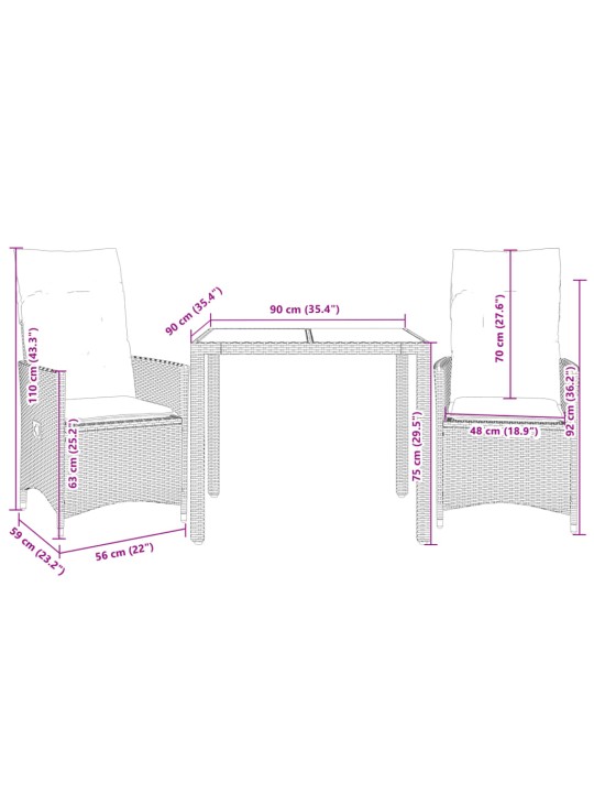 3dílný bistro set s poduškami černý polyratan