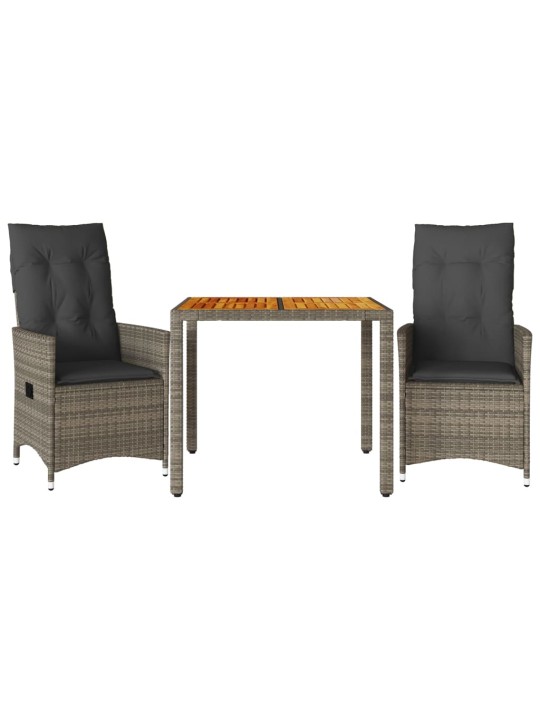 3dílný bistro set s poduškami šedý polyratan