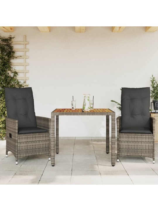 3dílný bistro set s poduškami šedý polyratan