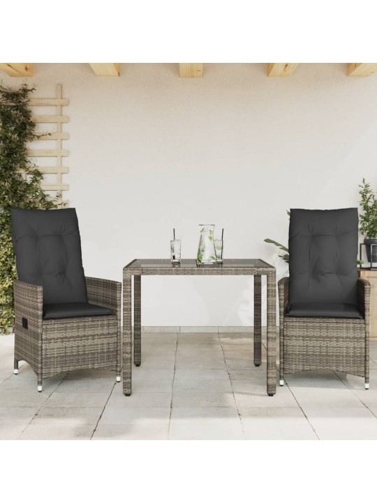 3dílný bistro set s poduškami šedý polyratan