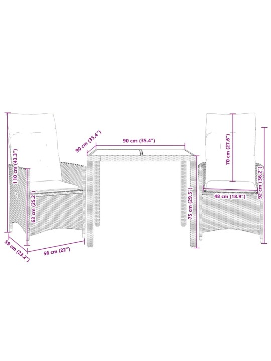 3dílný bistro set s poduškami béžový polyratan