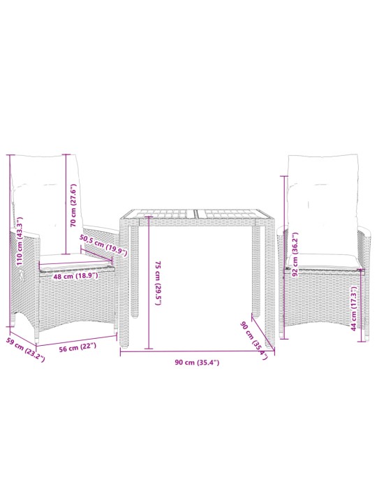 3dílný bistro set s poduškami černý polyratan