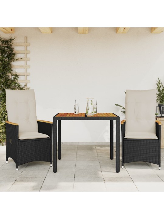 3dílný bistro set s poduškami černý polyratan