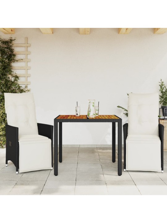 3dílný bistro set s poduškami černý polyratan