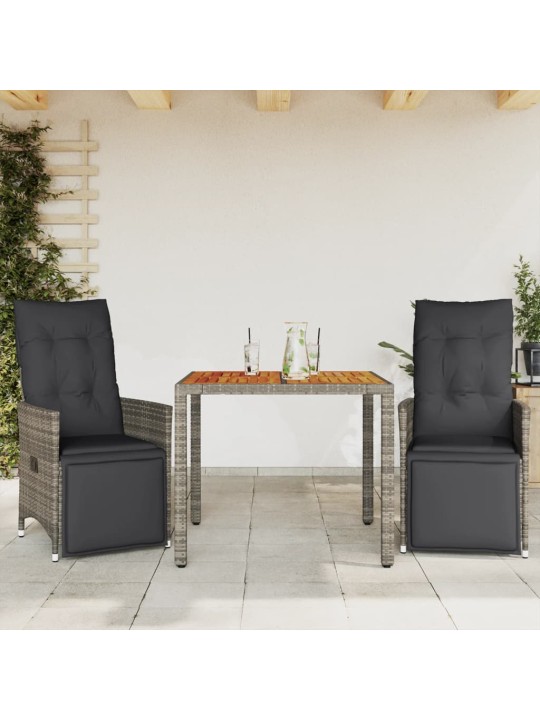 3dílný zahradní bistro set s poduškami šedý polyratan