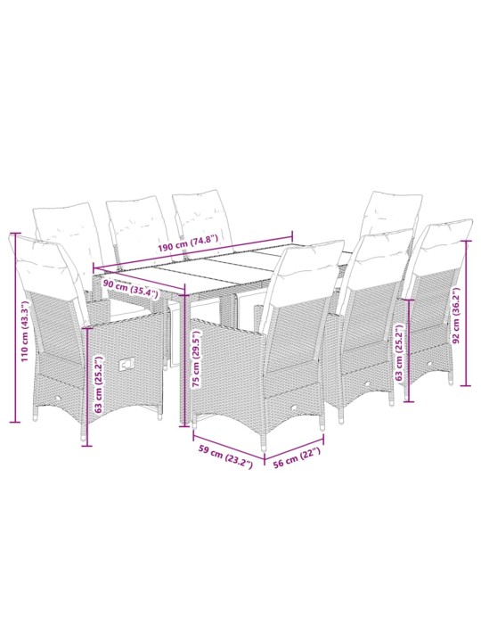 9dílný zahradní bistro set s poduškami šedý polyratan