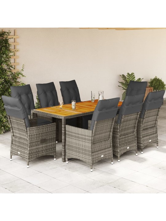 9dílný zahradní bistro set s poduškami šedý polyratan