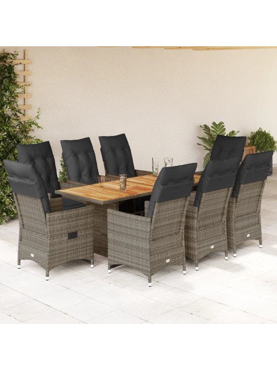 9dílný zahradní bistro set s poduškami šedý polyratan
