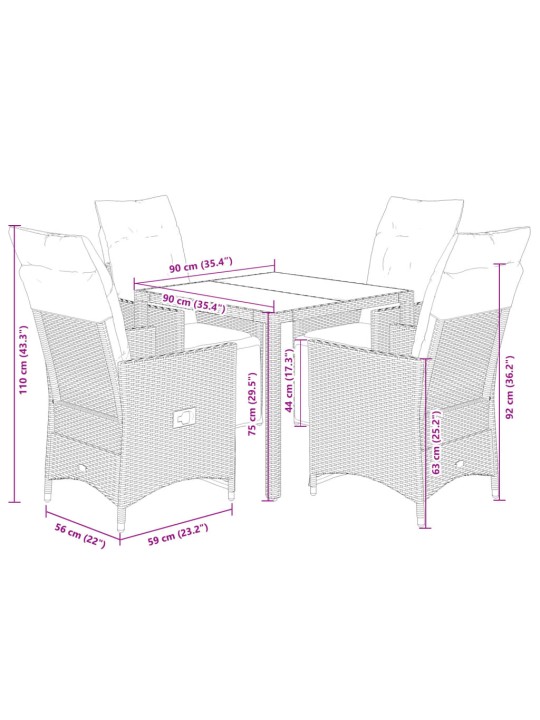 5dílný zahradní bistro set s poduškami šedý polyratan