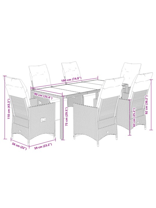 7dílný zahradní bistro set s poduškami šedý polyratan