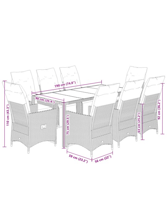 9dílný zahradní bistro set s poduškami šedý polyratan
