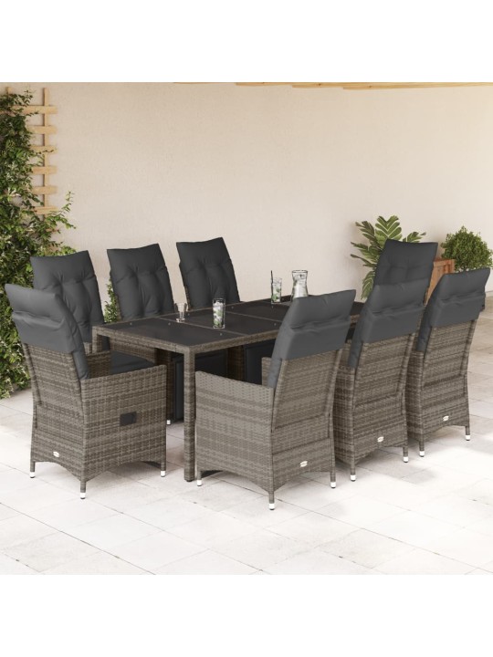 9dílný zahradní bistro set s poduškami šedý polyratan