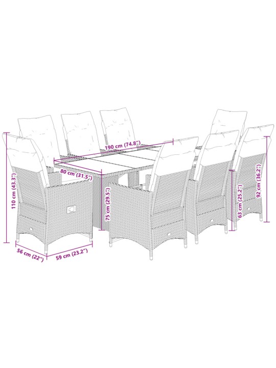 9dílný zahradní bistro set s poduškami šedý polyratan