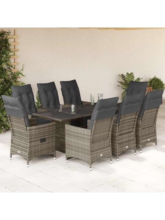 9dílný zahradní bistro set s poduškami šedý polyratan