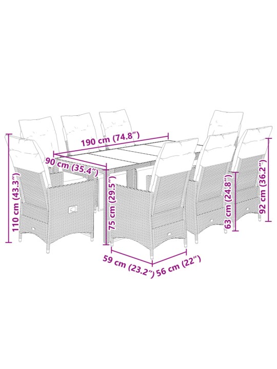 9dílný zahradní bistro set s poduškami hnědý polyratan