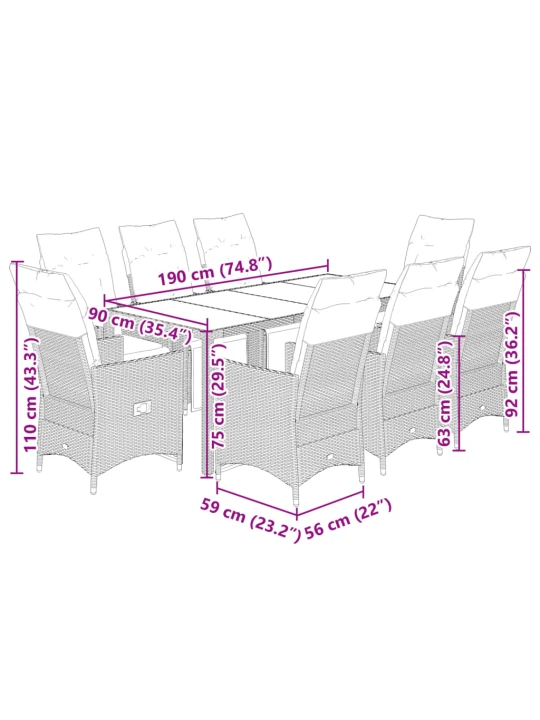 9dílný zahradní bistro set s poduškami hnědý polyratan