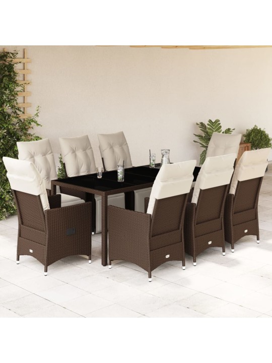9dílný zahradní bistro set s poduškami hnědý polyratan