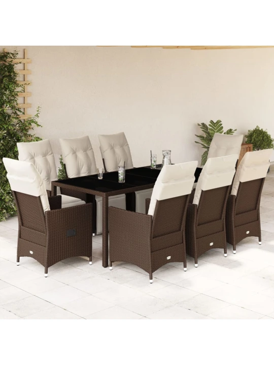 9dílný zahradní bistro set s poduškami hnědý polyratan