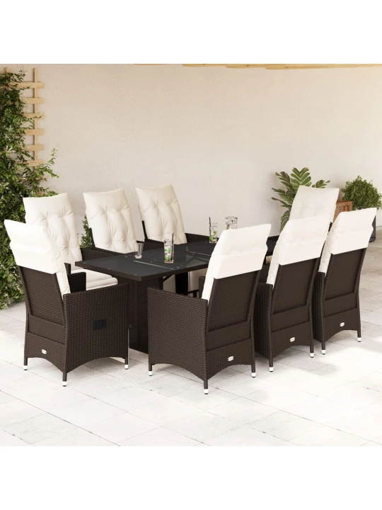 9dílný zahradní bistro set s poduškami hnědý polyratan
