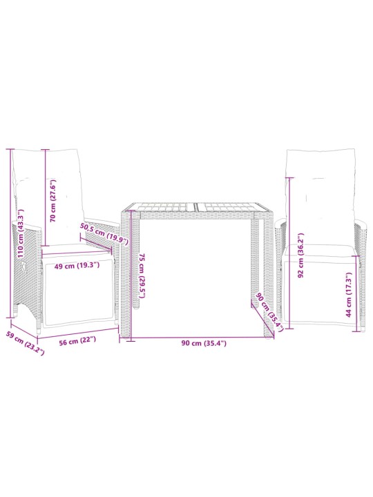 3dílný zahradní bistro set s poduškami černý polyratan