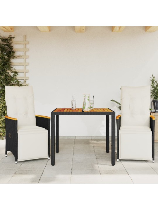 3dílný zahradní bistro set s poduškami černý polyratan