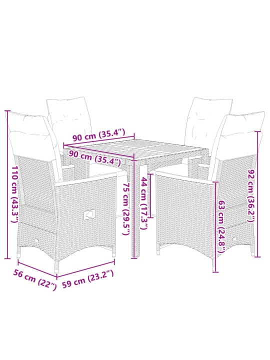 5dílný zahradní bistro set s poduškami černý polyratan