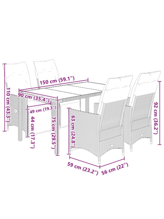 5dílný zahradní bistro set s poduškami černý polyratan