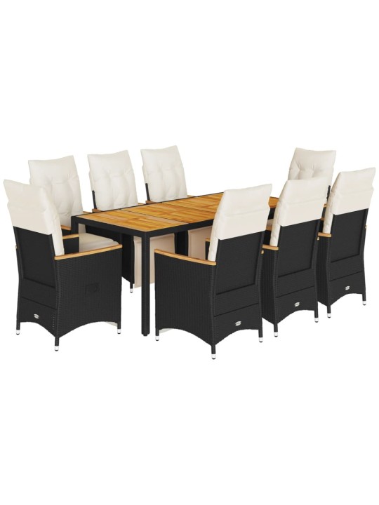 9dílný zahradní bistro set s poduškami černý polyratan