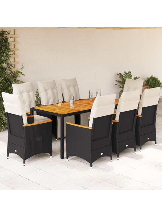 9dílný zahradní bistro set s poduškami černý polyratan