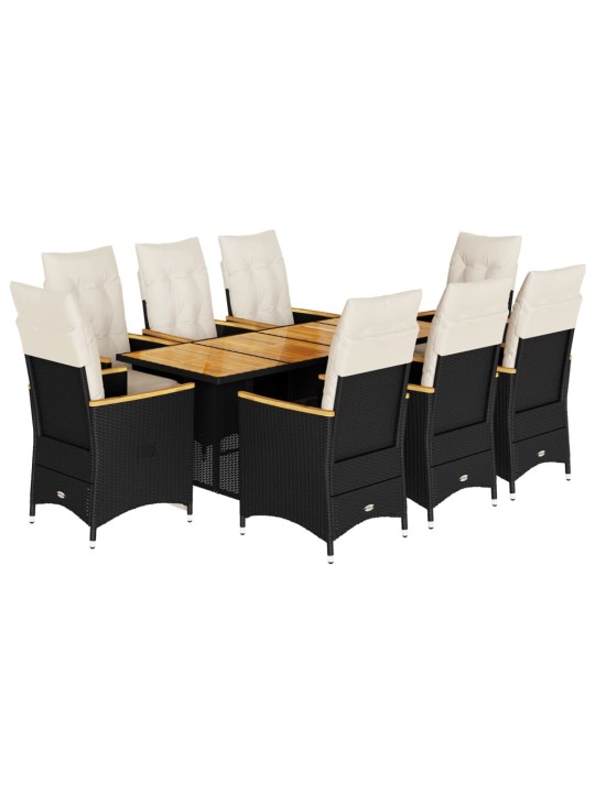 9dílný zahradní bistro set s poduškami černý polyratan
