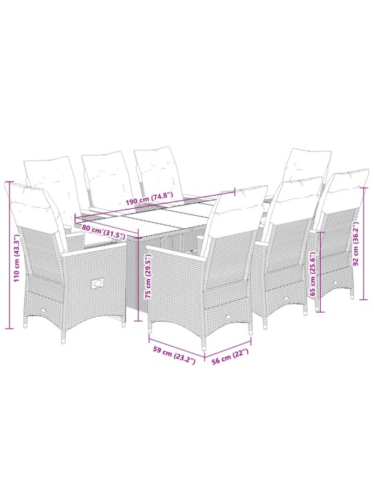 9dílný zahradní bistro set s poduškami černý polyratan