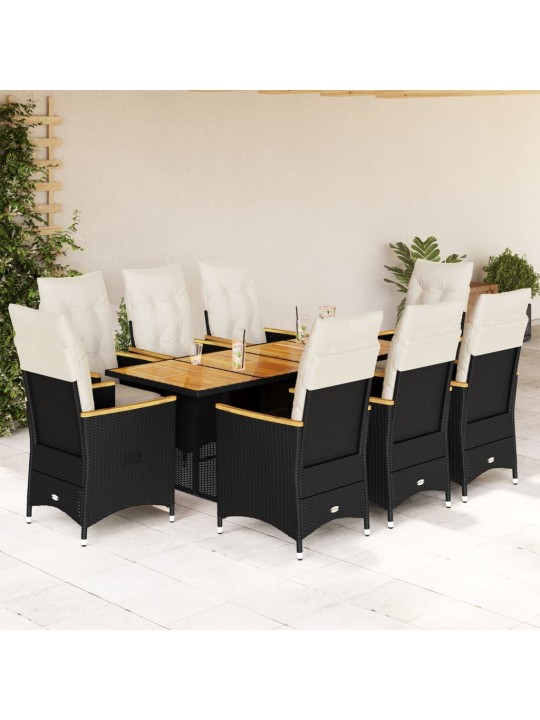 9dílný zahradní bistro set s poduškami černý polyratan