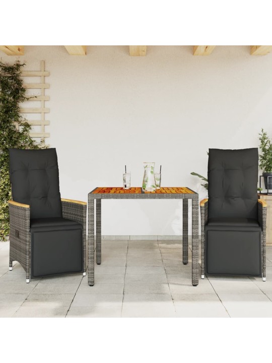 3dílný zahradní bistro set s poduškami šedý polyratan