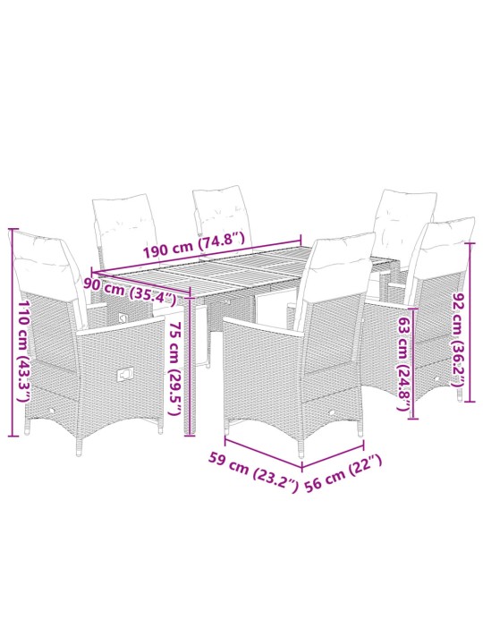 7dílný zahradní bistro set s poduškami šedý polyratan