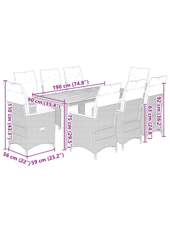 9dílný zahradní bistro set s poduškami šedý polyratan
