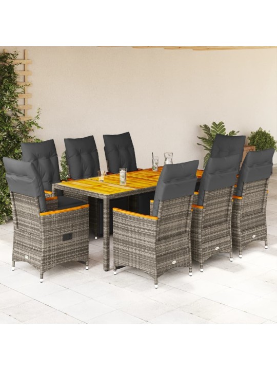 9dílný zahradní bistro set s poduškami šedý polyratan