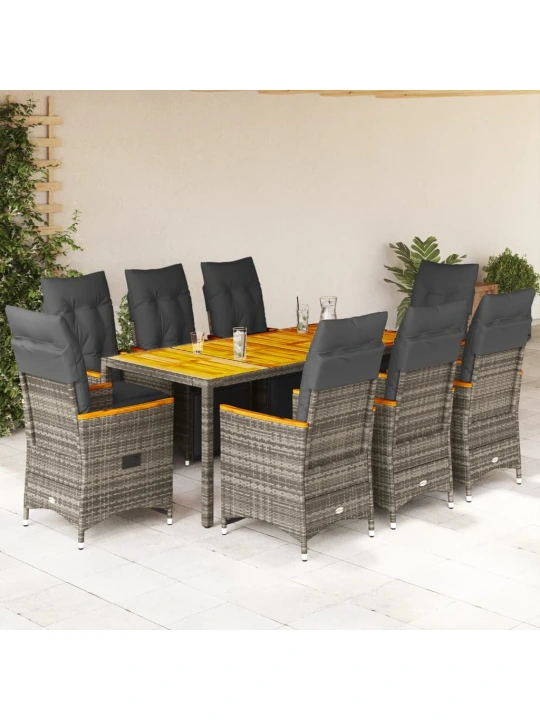 9dílný zahradní bistro set s poduškami šedý polyratan