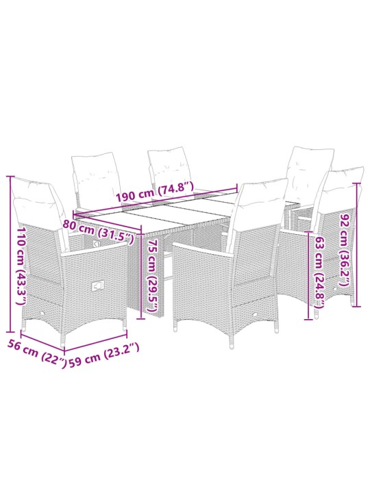 7dílný zahradní bistro set s poduškami šedý polyratan
