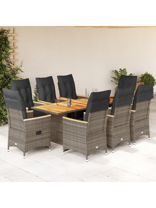 9dílný zahradní bistro set s poduškami šedý polyratan