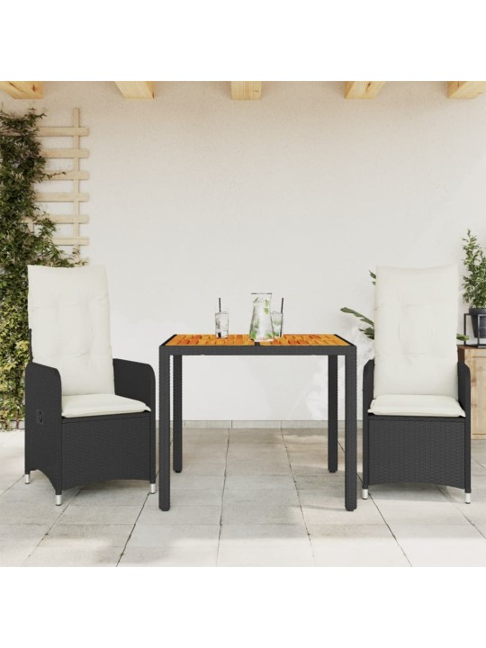 3dílný zahradní bistro set s poduškami černý polyratan