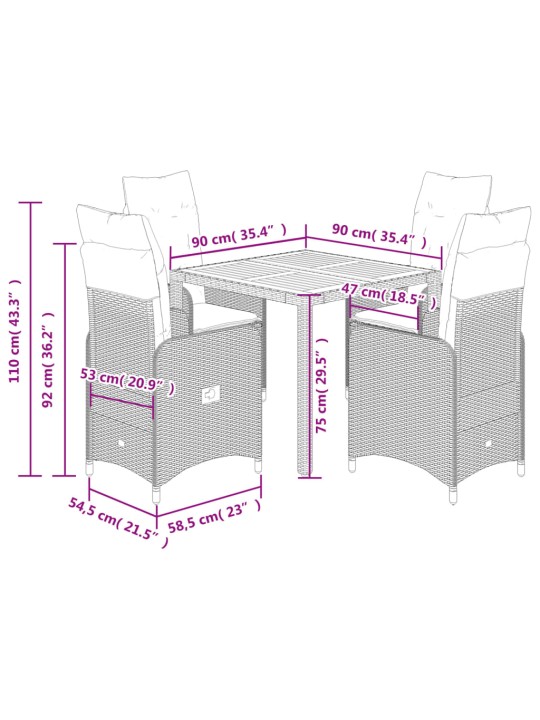 5dílný zahradní bistro set s poduškami černý polyratan