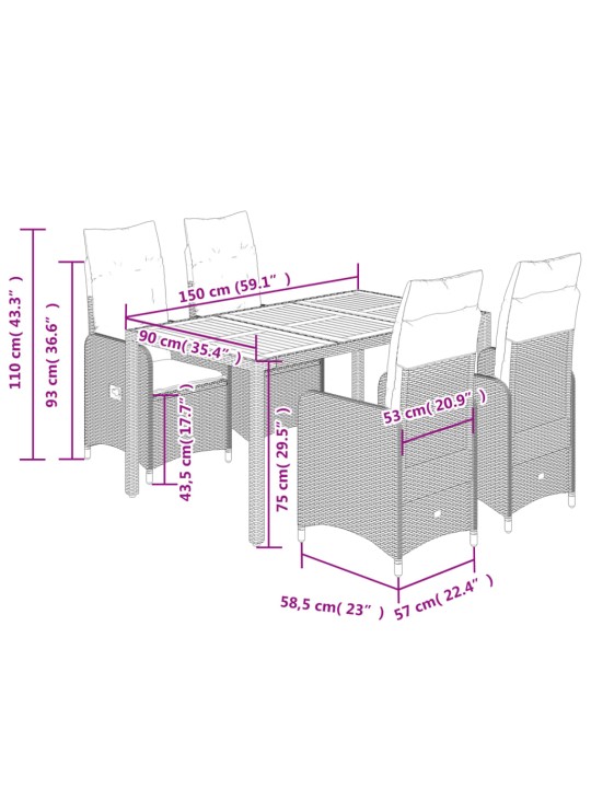 5dílný zahradní bistro set s poduškami černý polyratan