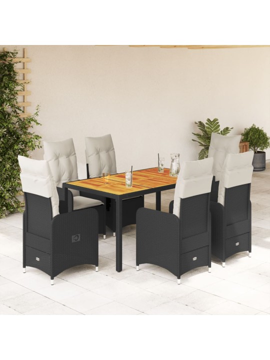 7dílný zahradní bistro set s poduškami černý polyratan
