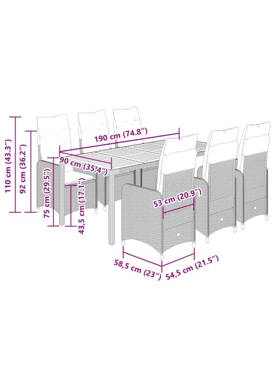 9dílný zahradní bistro set s poduškami černý polyratan