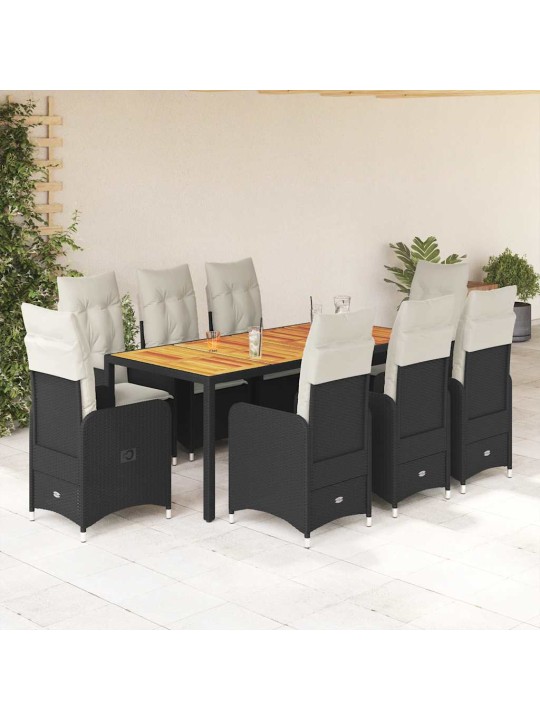 9dílný zahradní bistro set s poduškami černý polyratan
