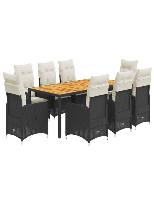 9dílný zahradní bistro set s poduškami černý polyratan