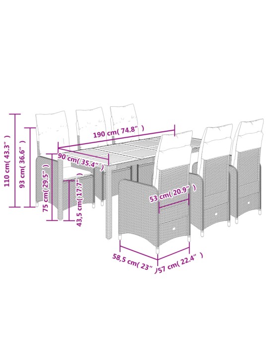 9dílný zahradní bistro set s poduškami černý polyratan